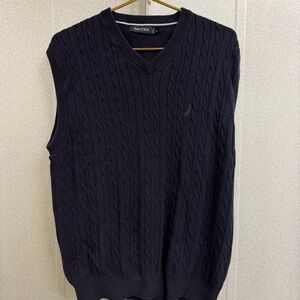 Nautica Cable Knit Sweater Vest Navy V Neck Preppy XL